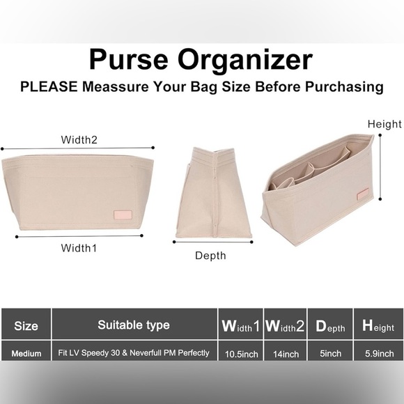 NEW!Purse Organizer Insert, Felt Bag Tote Fit Base Shaper 2pc Set Medium - Picture 3 of 3